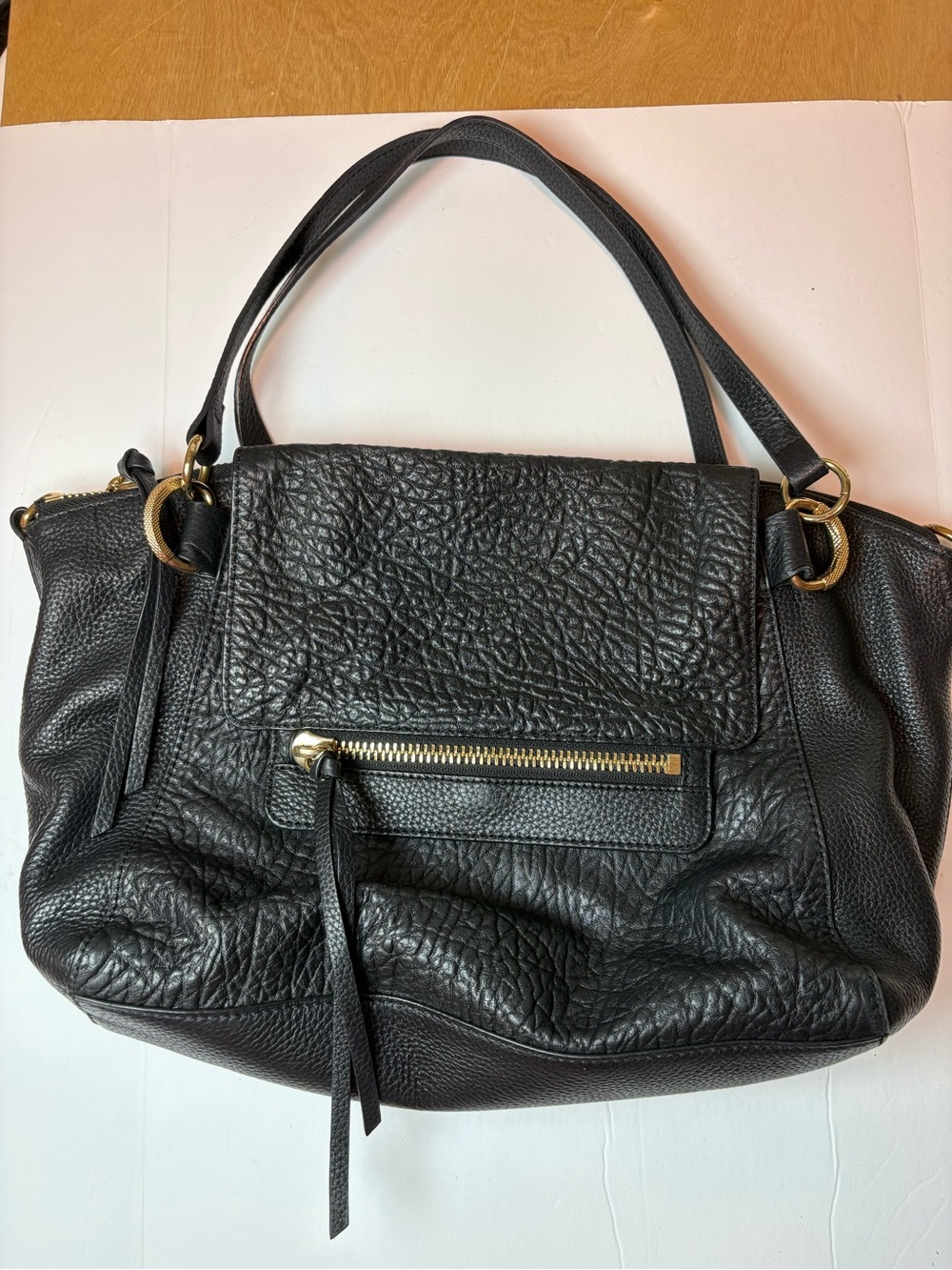 Vince Camuto Large black pebbled leather shoulder bag Purse Gold Tone Hardware